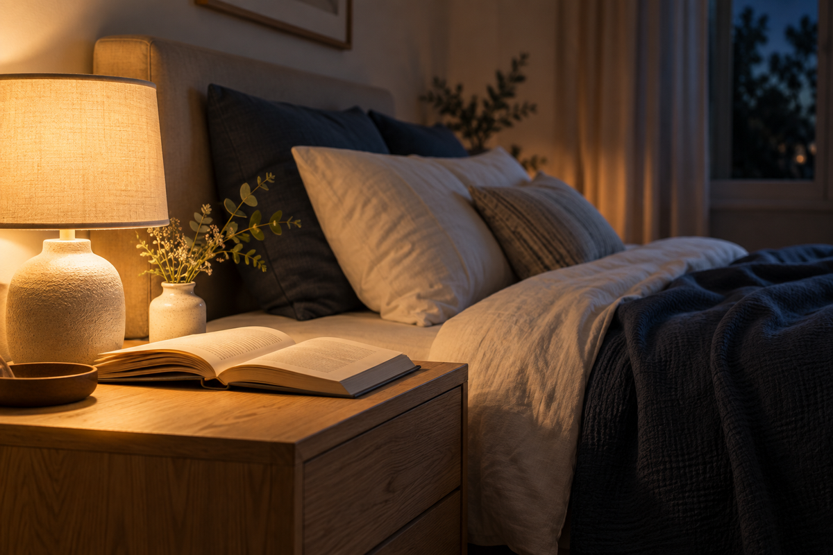 Libro y lámpara junto a una cama en un dormitorio tranquilo